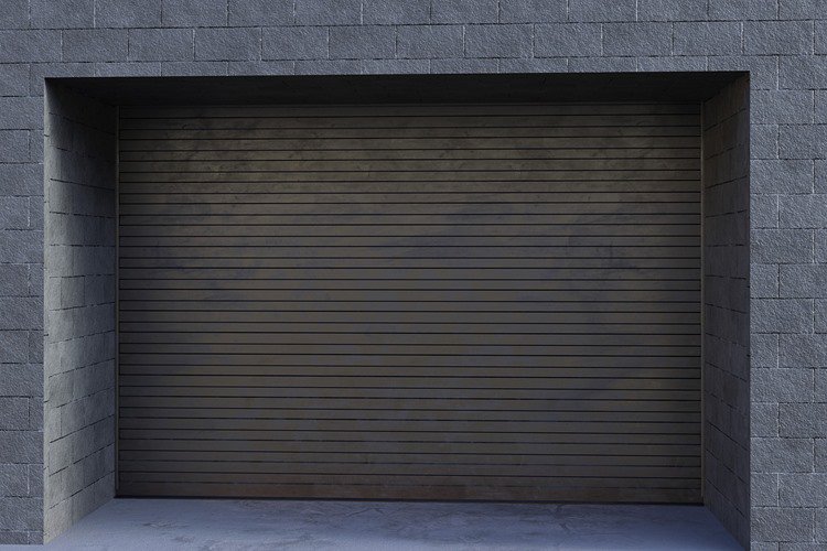Dark gray two-car garage with steel rolling garage door